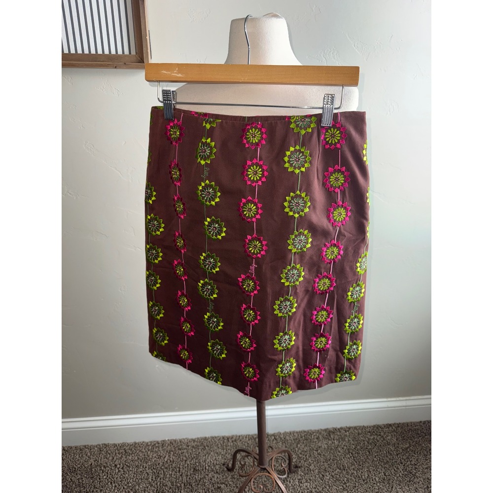Lilly Pulitzer Brown‎ Floral Embroidered Pencil Skirt Size 4